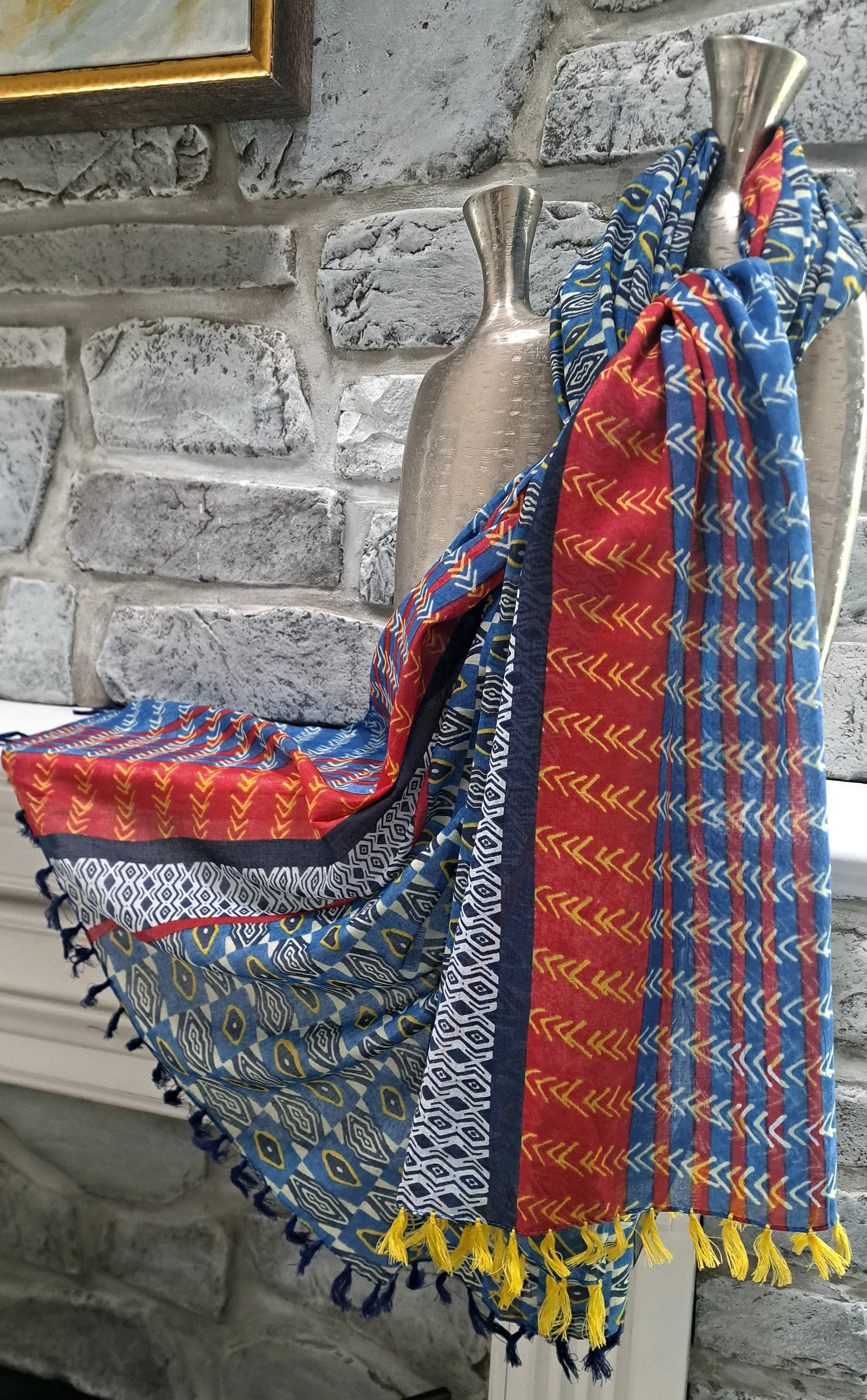 Blue Red Block Print Cotton Shawl Wrap Scarf