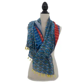 Blue Red Block Print Cotton Shawl Wrap Scarf
