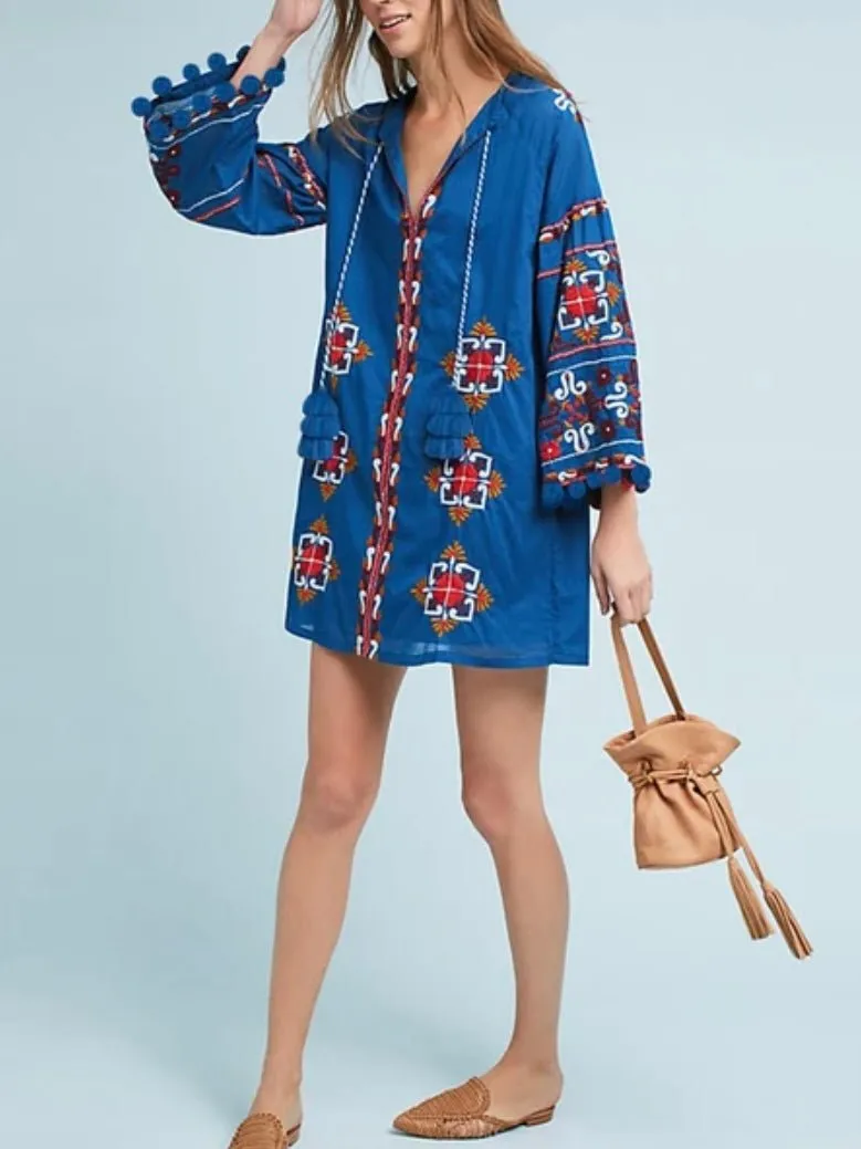 Bright blue embroidery long sleeve mini dress