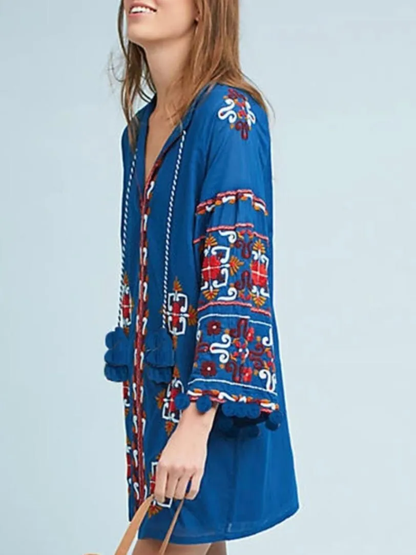 Bright blue embroidery long sleeve mini dress