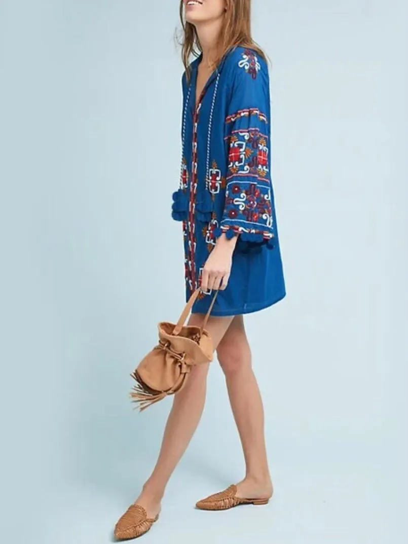 Bright blue embroidery long sleeve mini dress