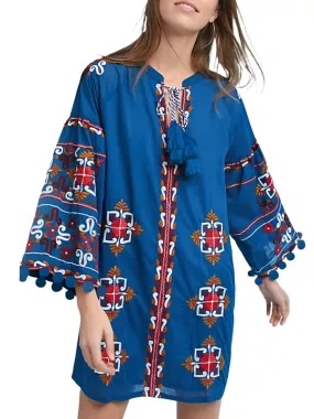 Bright blue embroidery long sleeve mini dress