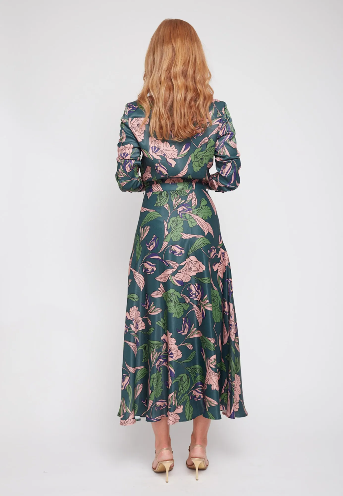BRUNA floral printed green midi shirt dress