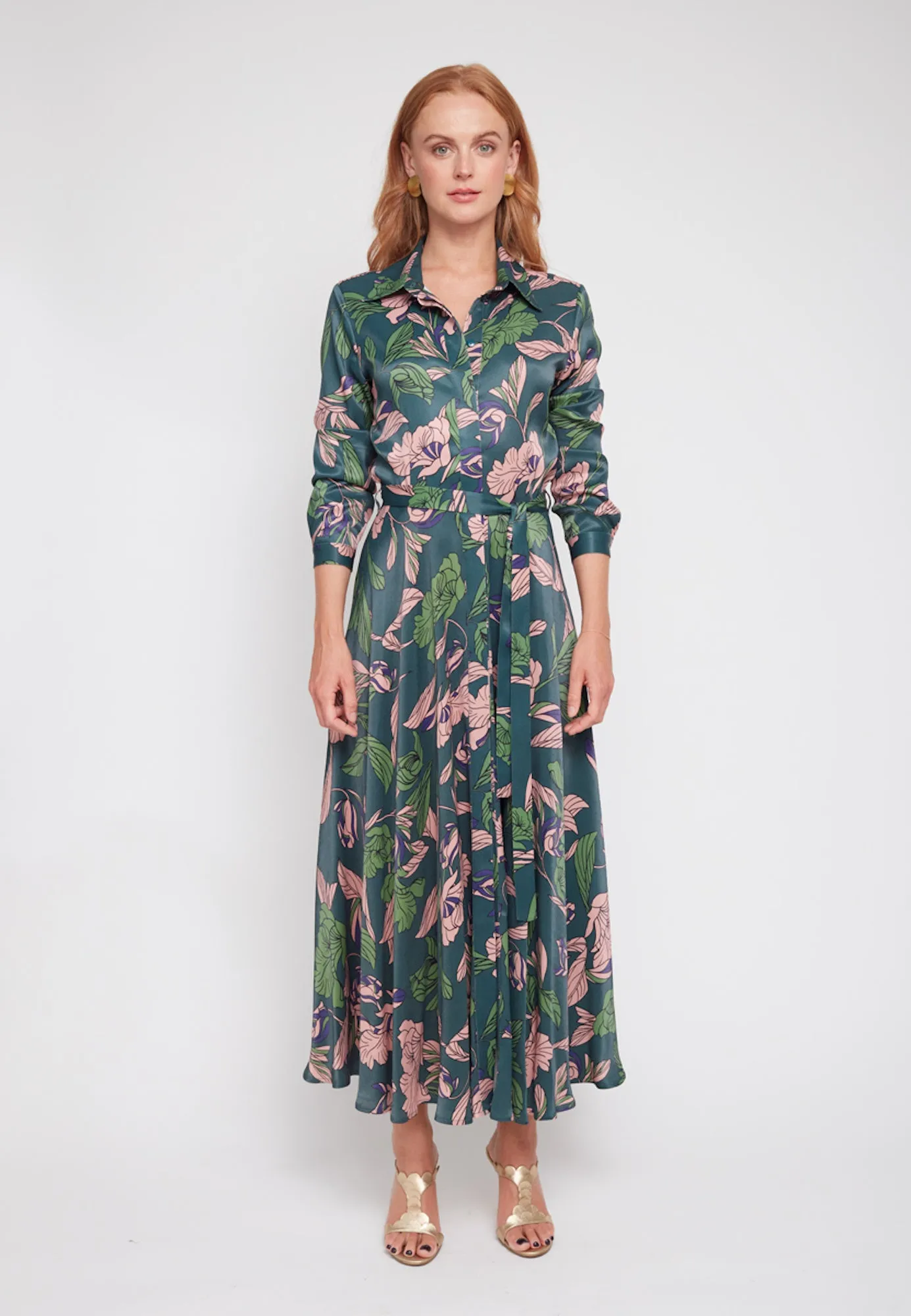 BRUNA floral printed green midi shirt dress
