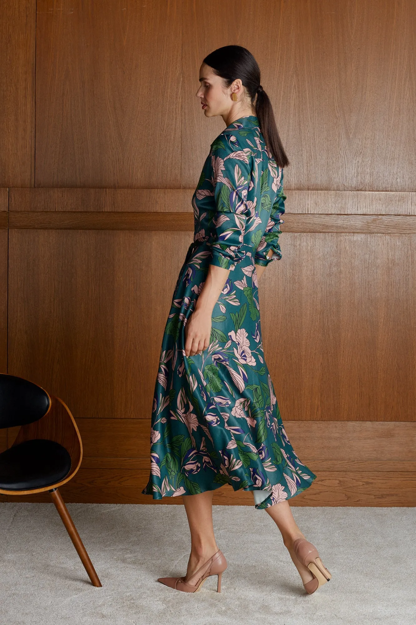 BRUNA floral printed green midi shirt dress