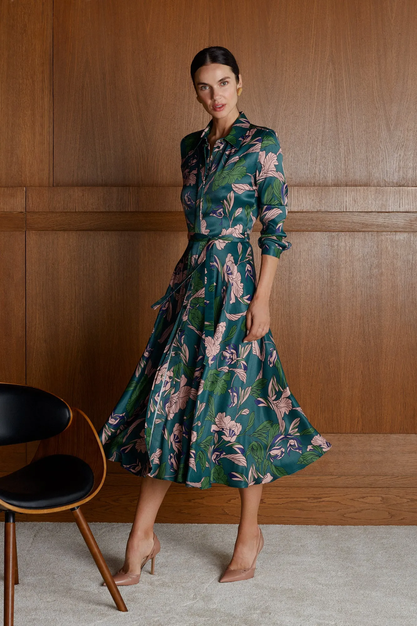 BRUNA floral printed green midi shirt dress