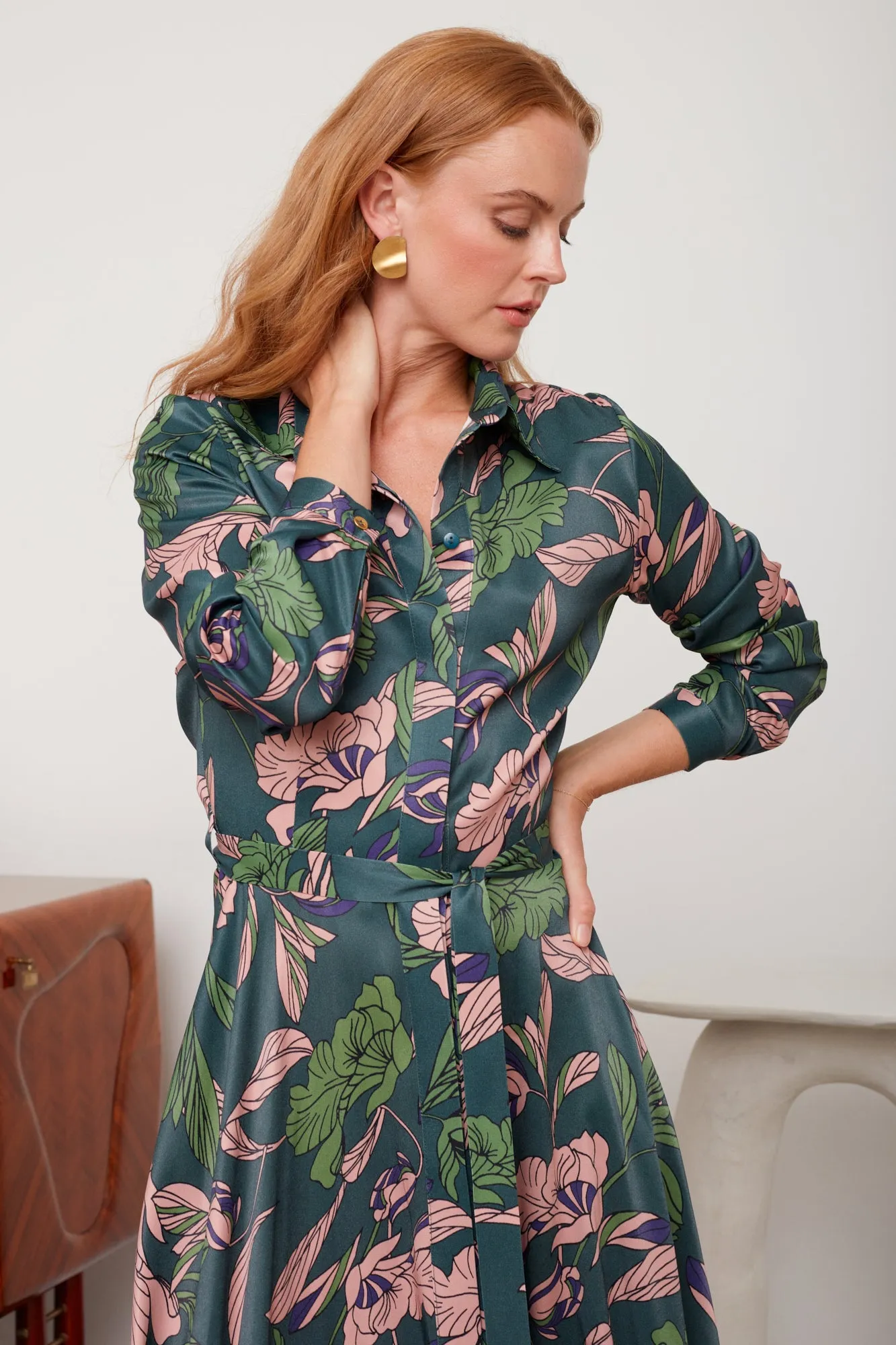 BRUNA floral printed green midi shirt dress