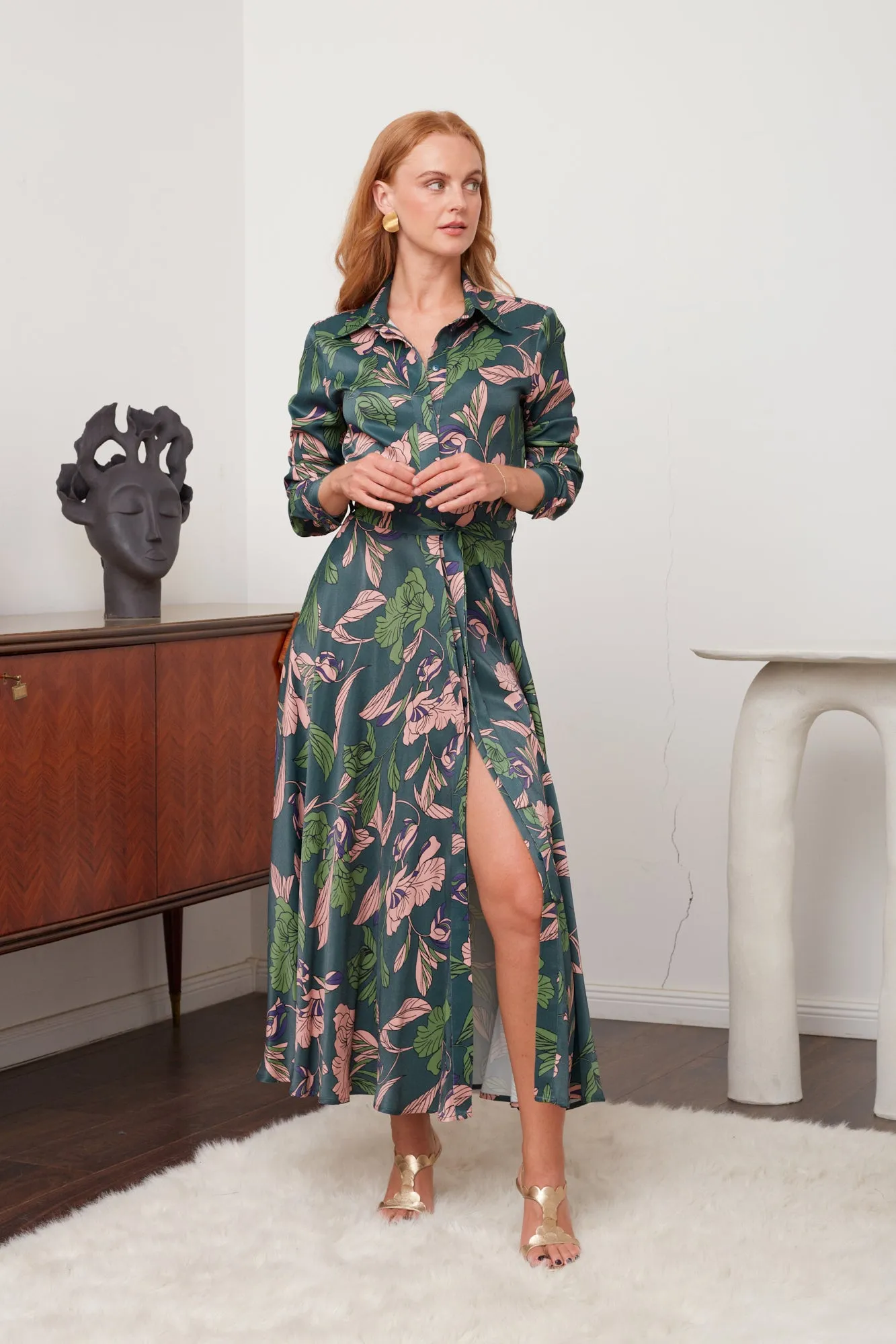 BRUNA floral printed green midi shirt dress