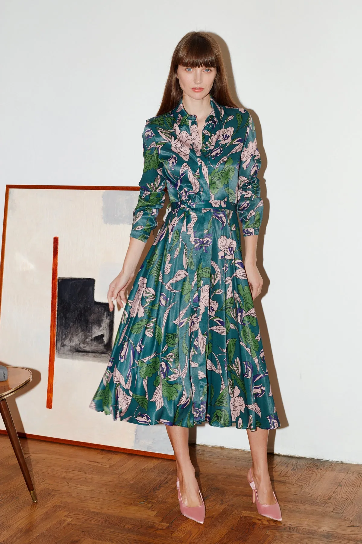 BRUNA floral printed green midi shirt dress