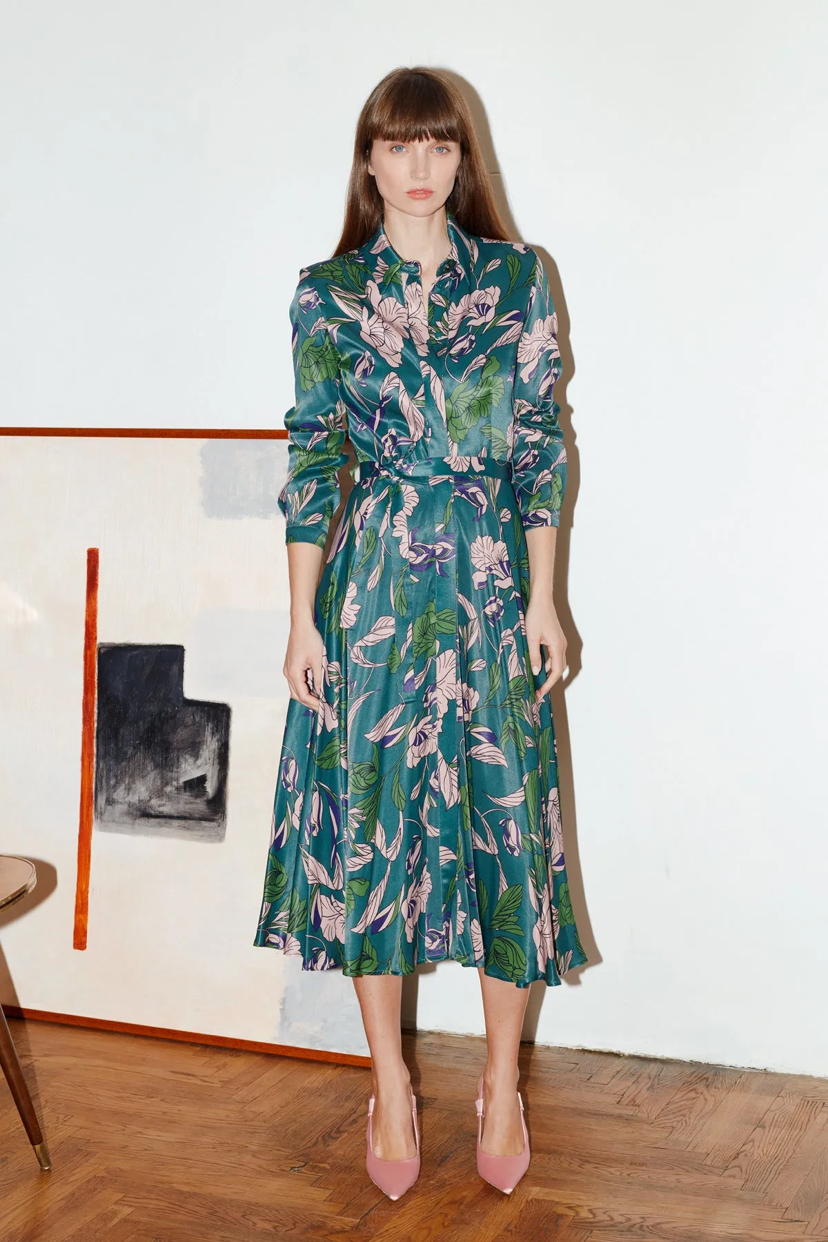 BRUNA floral printed green midi shirt dress