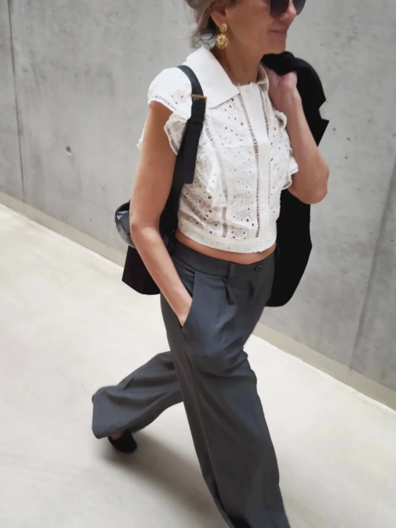 CROPPED SHORT SLEEVE BRODERIE ANGLAISE SHIRT - WHITE