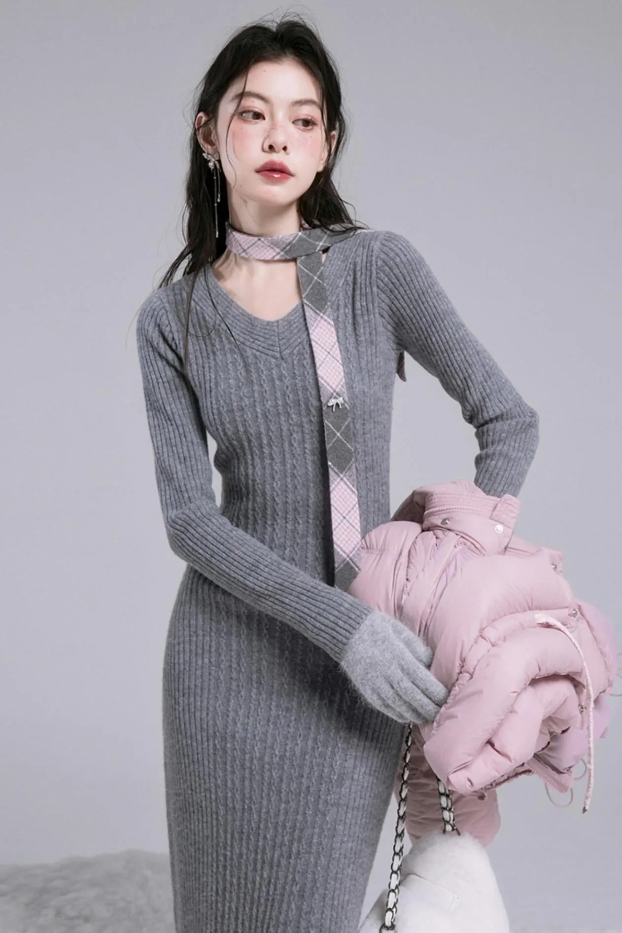 Curve-Shape Wool Knit Dress