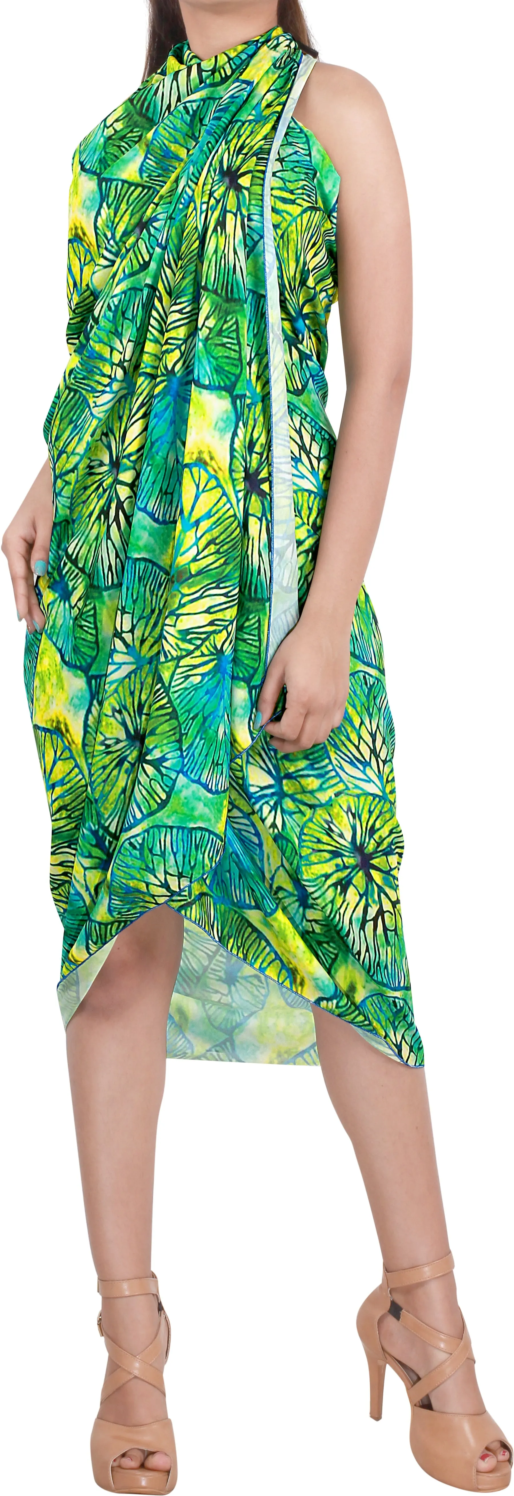 Green Non-Sheer Allover Abstract Leaves Print Beach Wrap For Women