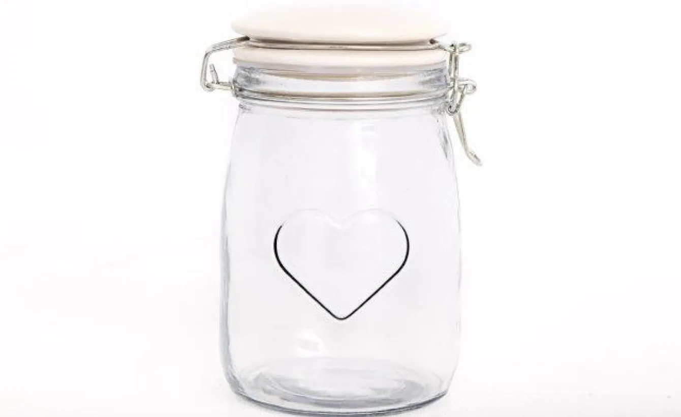 Heart-Embossed Glass Storage Jar with Ceramic Lid