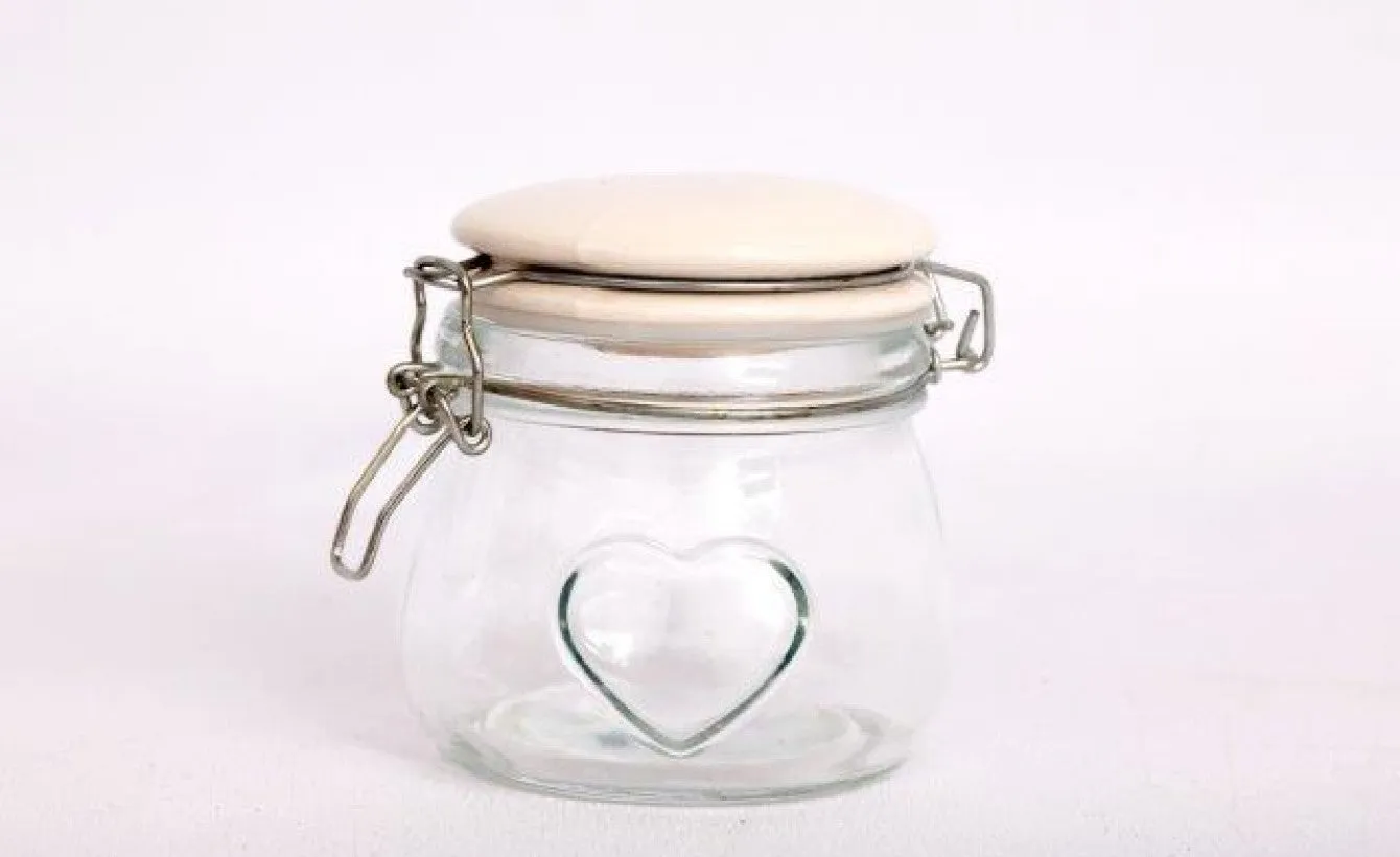 Heart-Embossed Glass Storage Jar with Ceramic Lid