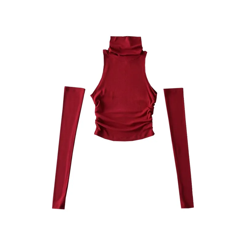 Hyolin Solid Color Sleeveless Turtleneck Gloved Slim Ruched Top