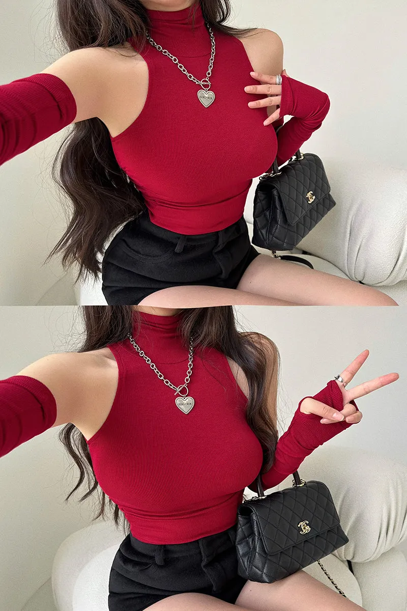 Hyolin Solid Color Sleeveless Turtleneck Gloved Slim Ruched Top