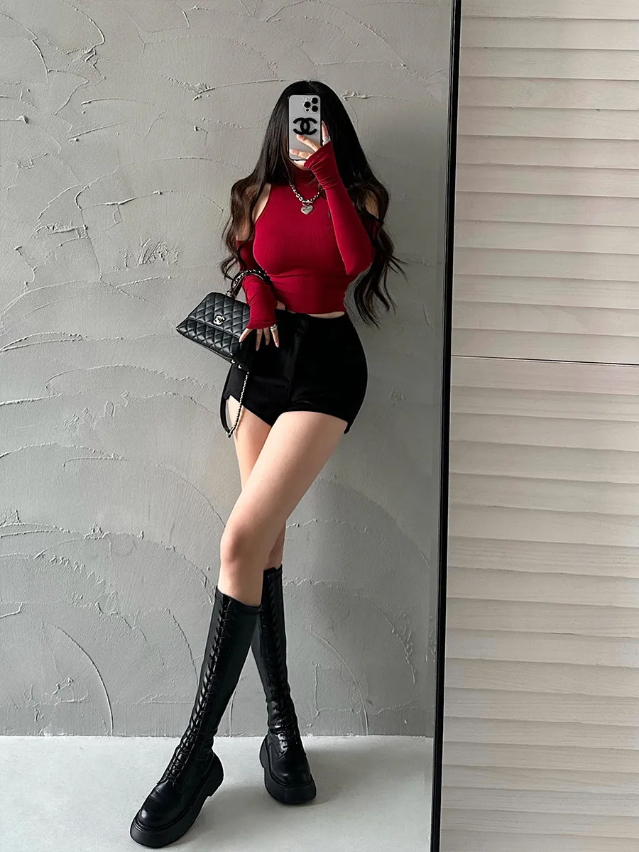 Hyolin Solid Color Sleeveless Turtleneck Gloved Slim Ruched Top