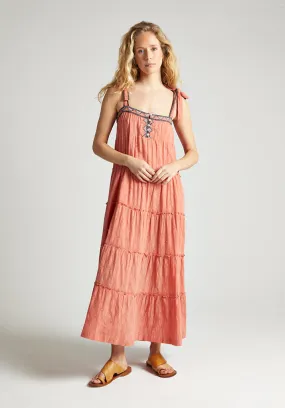Isla Tiered Embroidered Maxi Dress In Orange