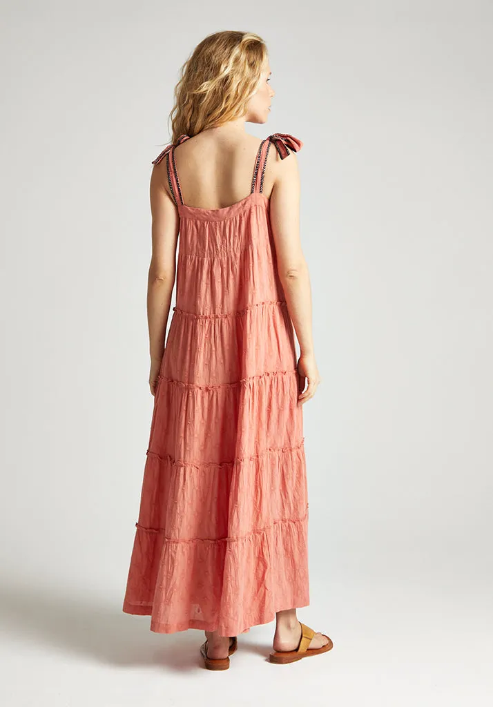 Isla Tiered Embroidered Maxi Dress In Orange