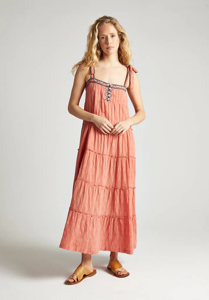 Isla Tiered Embroidered Maxi Dress In Orange