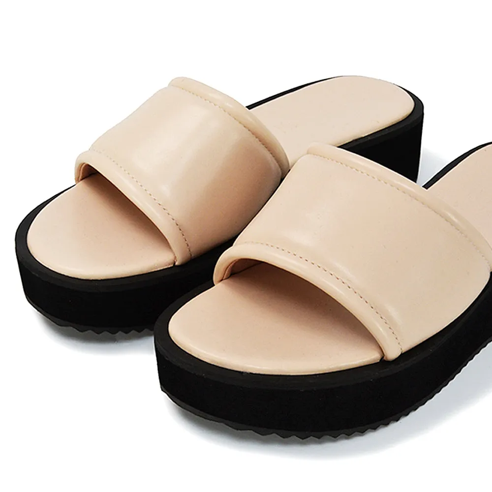Julian Cleated Sole Slip on Flatform Sandal Slippers in Nude Synthetic Leather