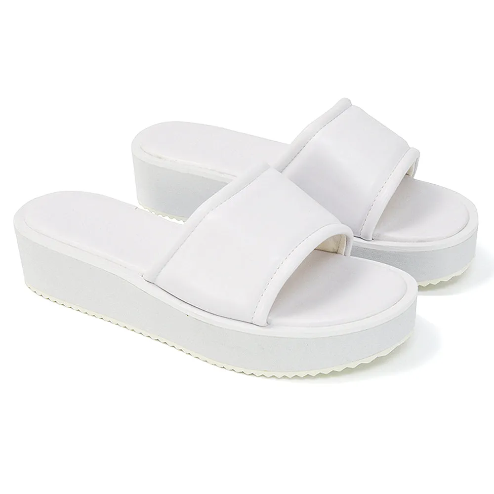 Julian Cleated Sole Slip on Flatform Sandal Slippers in Nude Synthetic Leather