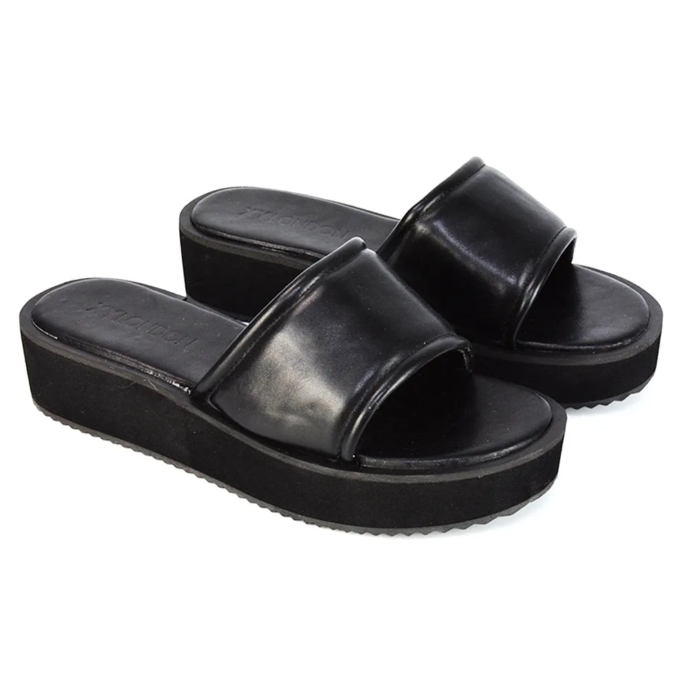 Julian Cleated Sole Slip on Flatform Sandal Slippers in Nude Synthetic Leather