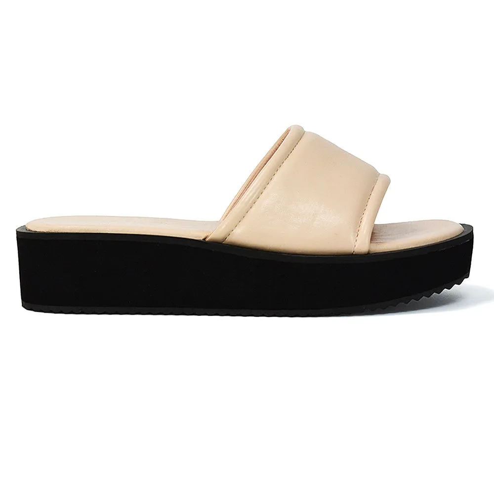 Julian Cleated Sole Slip on Flatform Sandal Slippers in Nude Synthetic Leather