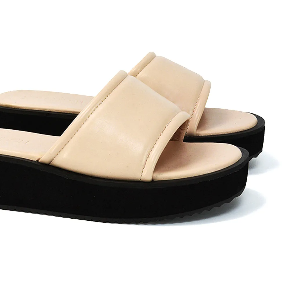 Julian Cleated Sole Slip on Flatform Sandal Slippers in Nude Synthetic Leather