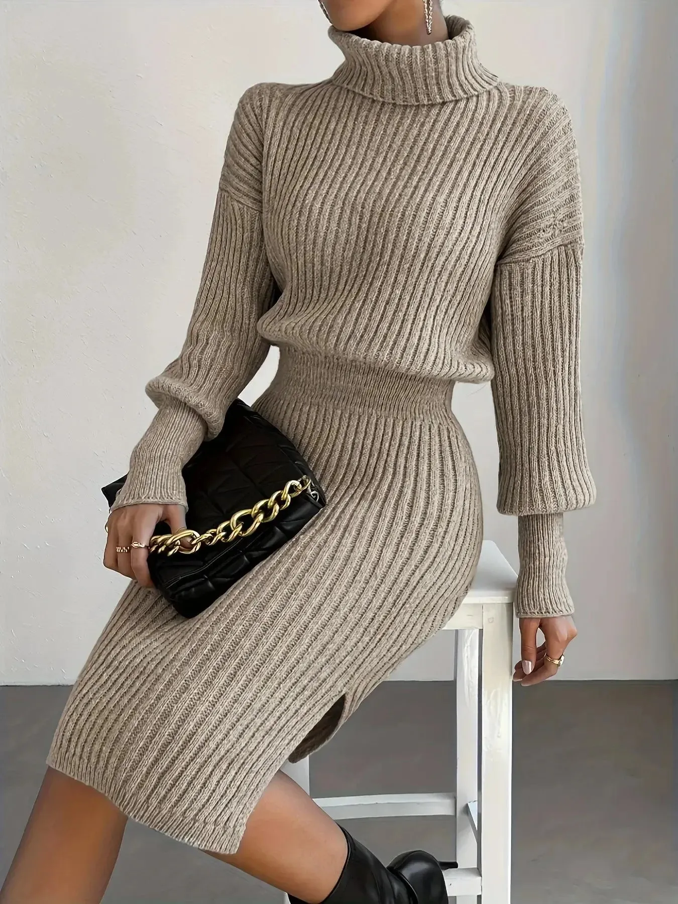 Knit Ribbed Turtleneck Sweater Dress