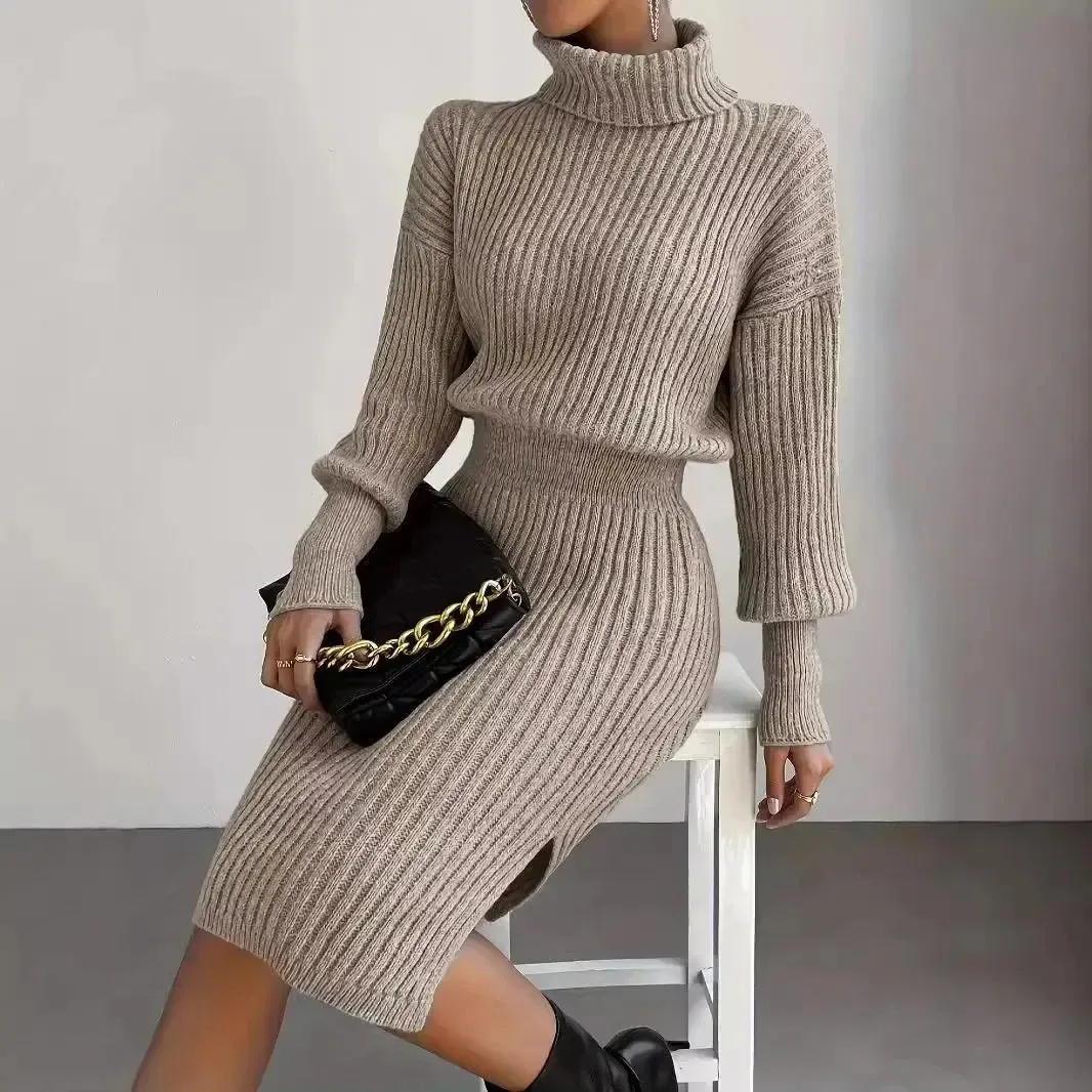 Knit Ribbed Turtleneck Sweater Dress