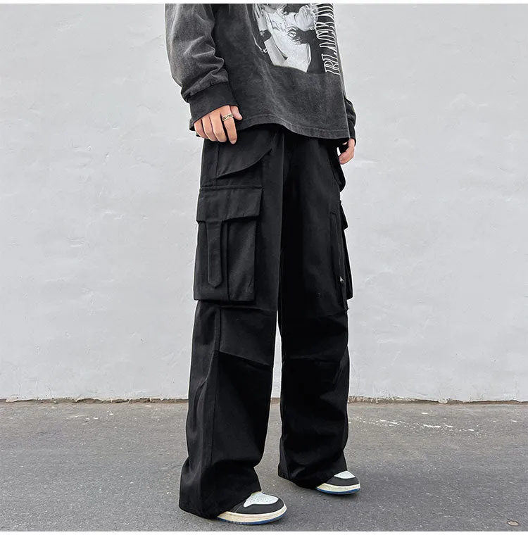 Men's Retro Black Cargo Wide Pants with Multi Pockets | Ideal for Everyday Wear