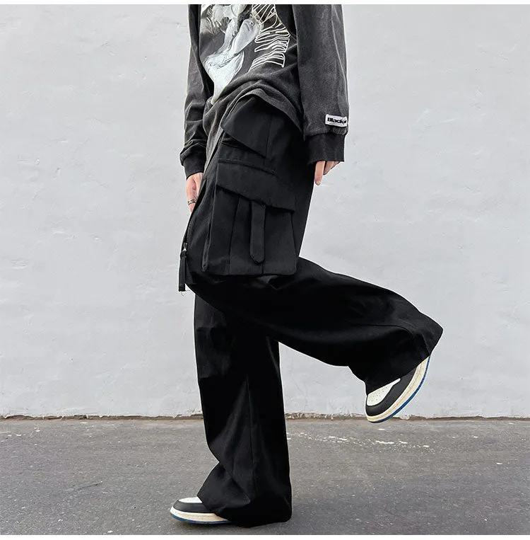 Men's Retro Black Cargo Wide Pants with Multi Pockets | Ideal for Everyday Wear