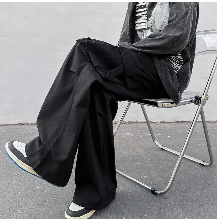 Men's Retro Black Cargo Wide Pants with Multi Pockets | Ideal for Everyday Wear