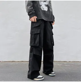 Men's Retro Black Cargo Wide Pants with Multi Pockets | Ideal for Everyday Wear