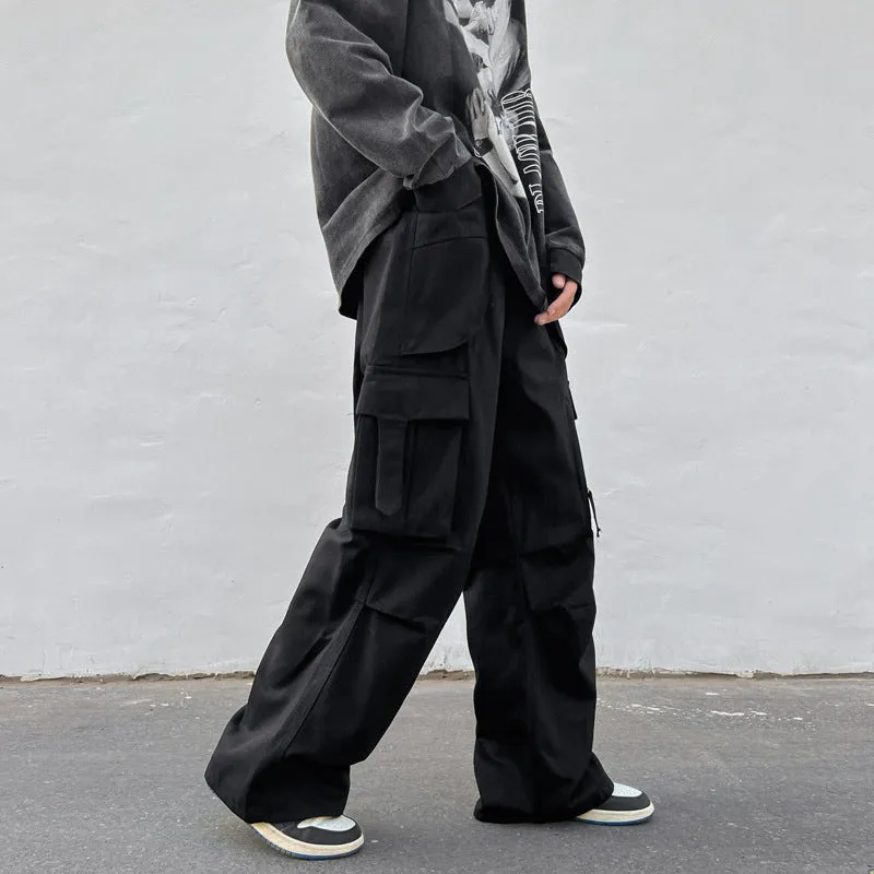 Men's Retro Black Cargo Wide Pants with Multi Pockets | Ideal for Everyday Wear