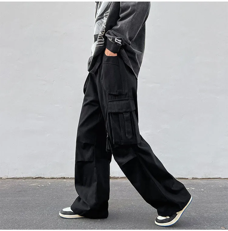 Men's Retro Black Cargo Wide Pants with Multi Pockets | Ideal for Everyday Wear