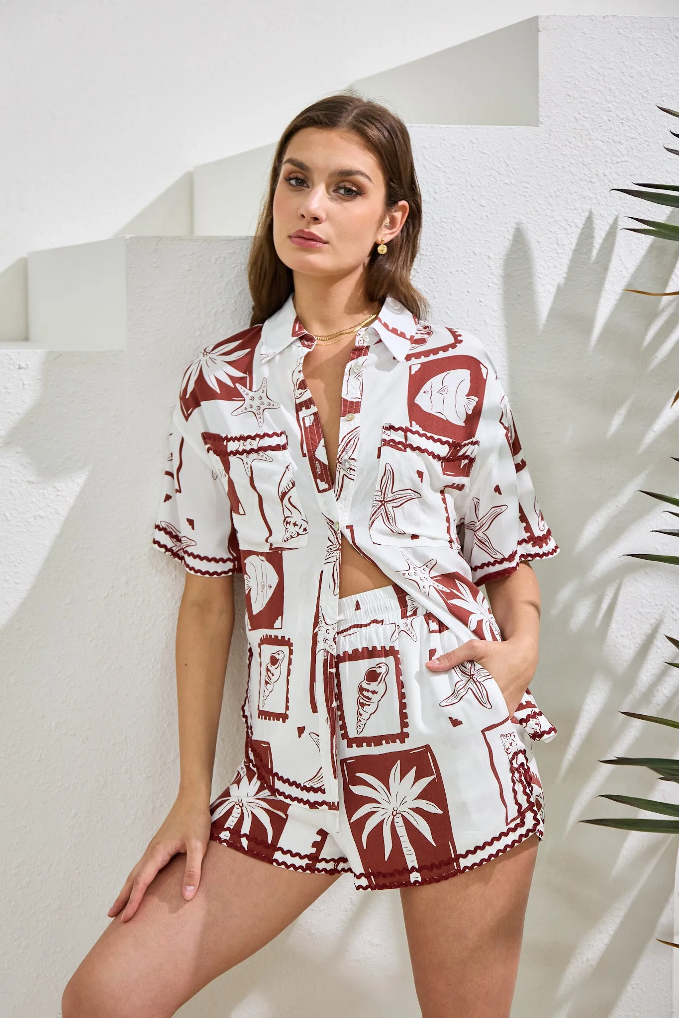 Mira Brown Sea Shells Tropical Ric Rac Shorts