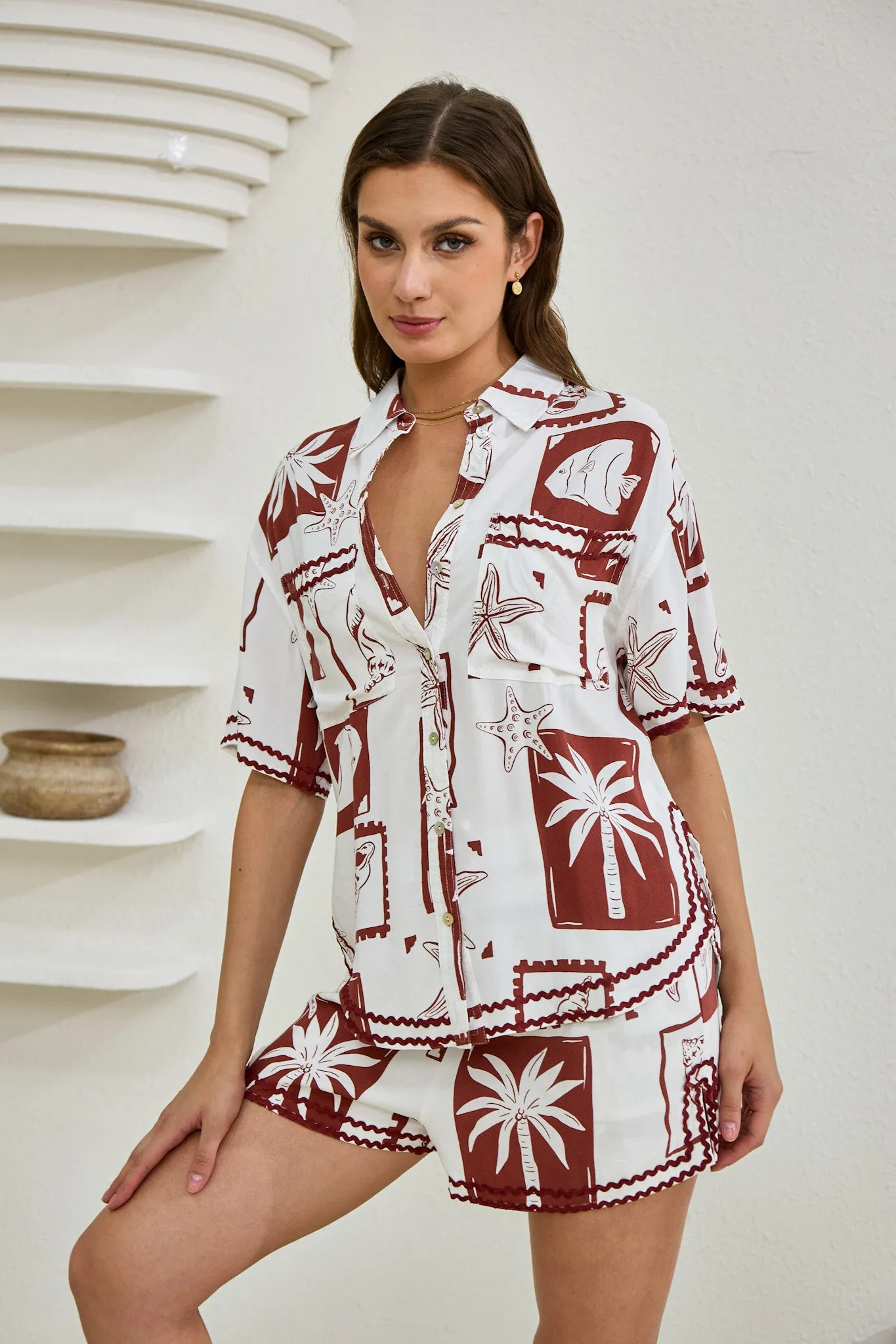 Mira Brown Sea Shells Tropical Ric Rac Shorts