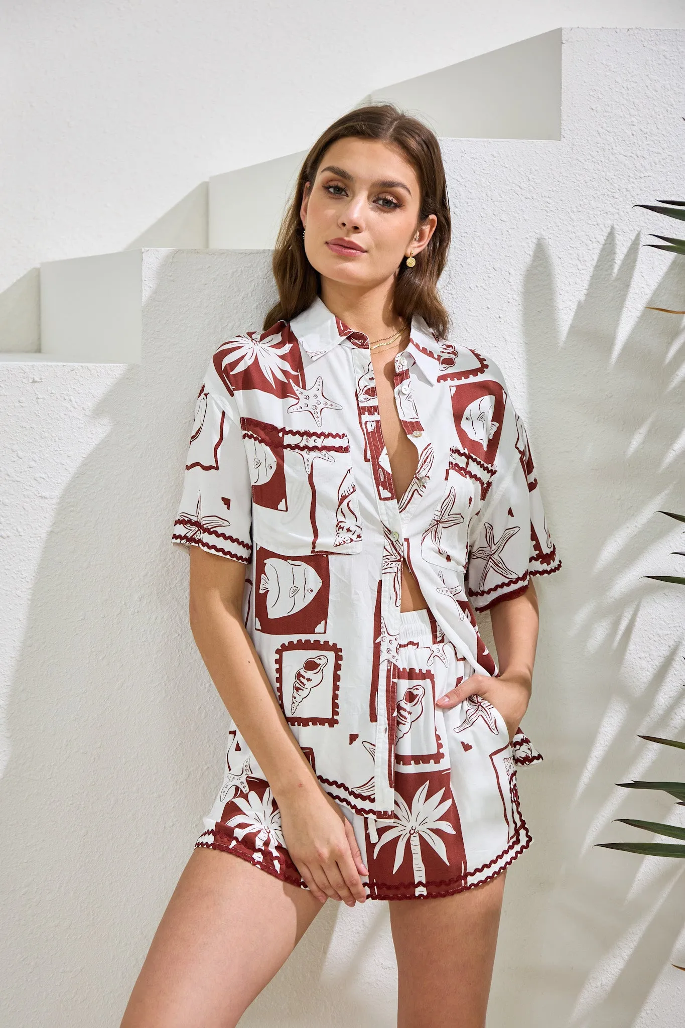 Mira Brown Sea Shells Tropical Ric Rac Shorts