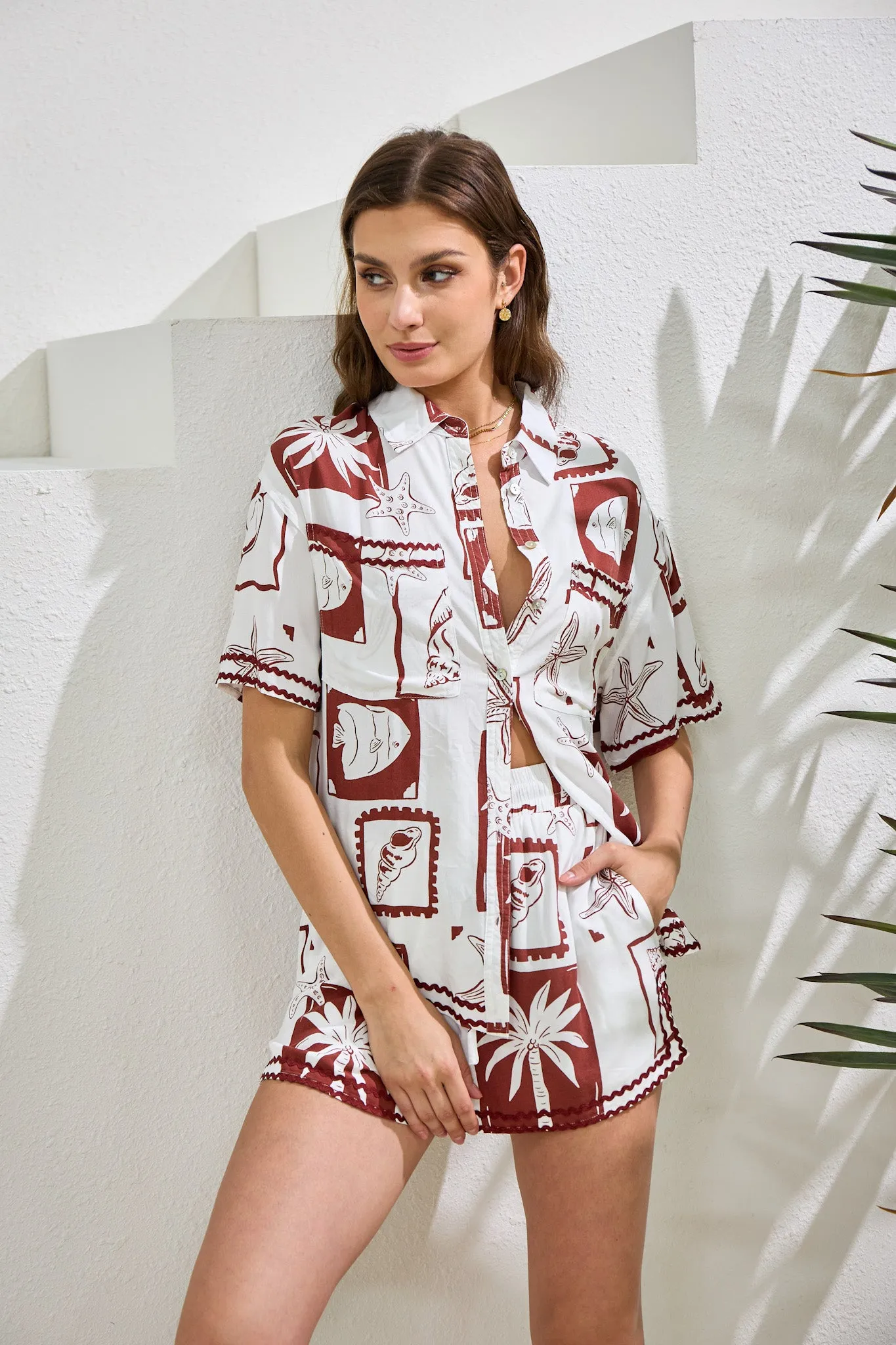 Mira Brown Sea Shells Tropical Ric Rac Shorts