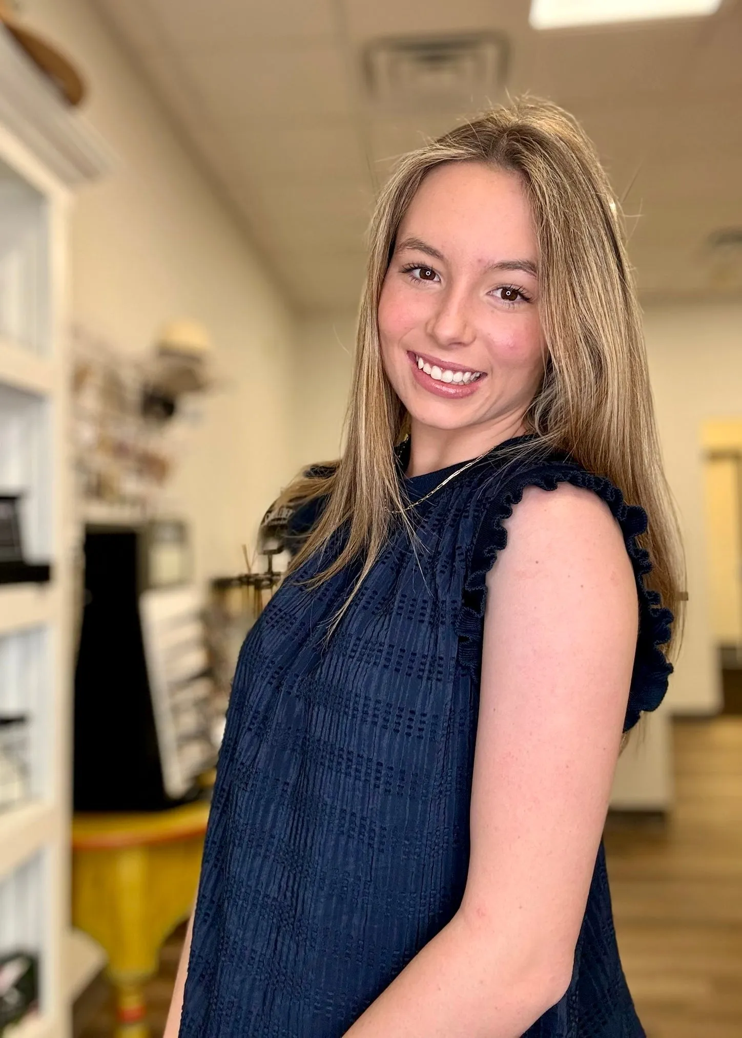 Navy Textured Ruffle Sleeve Top