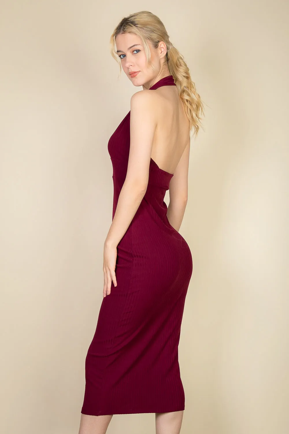 Ribbed Halter Neck Bodycon Midi Dress (CAPELLA)