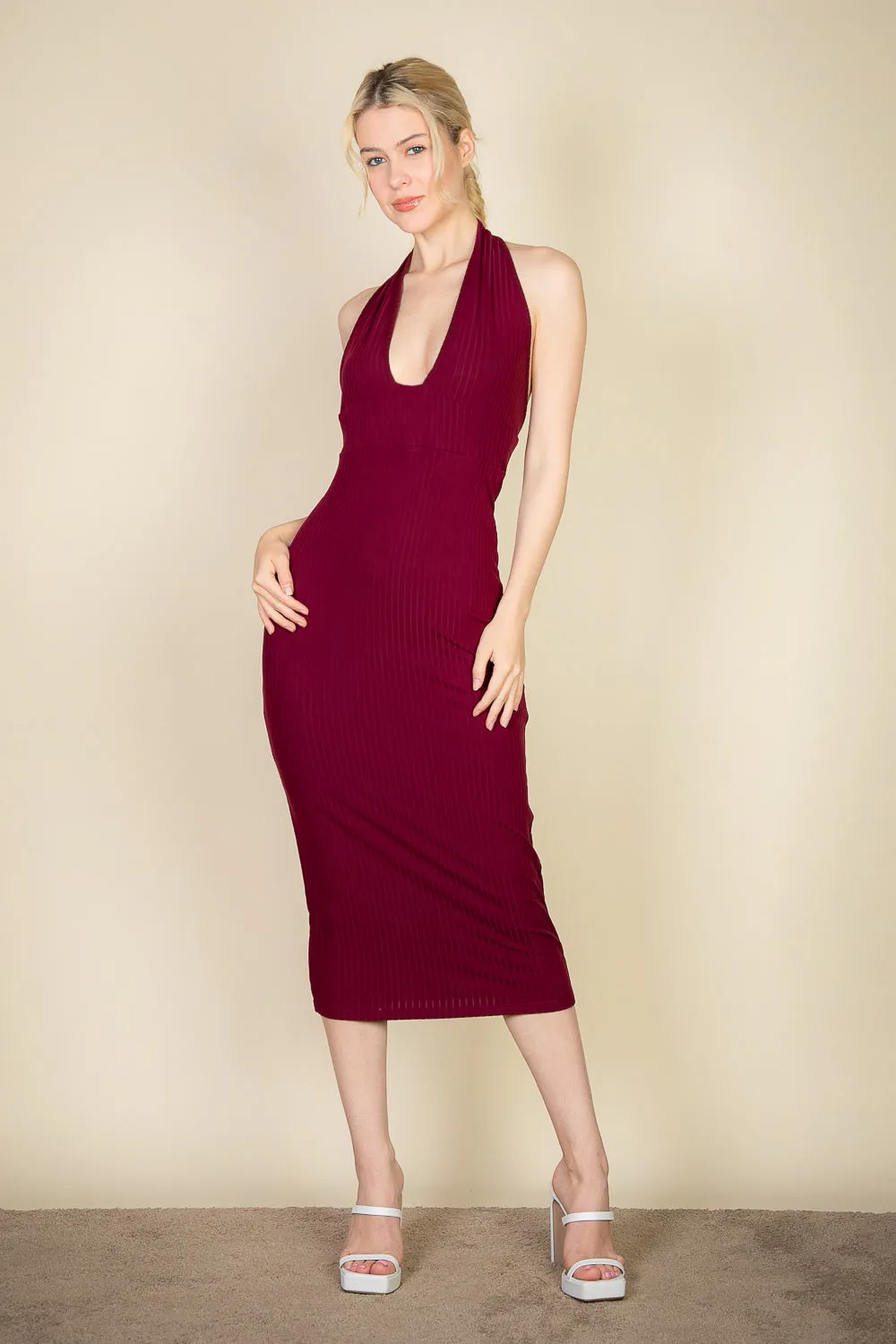 Ribbed Halter Neck Bodycon Midi Dress (CAPELLA)