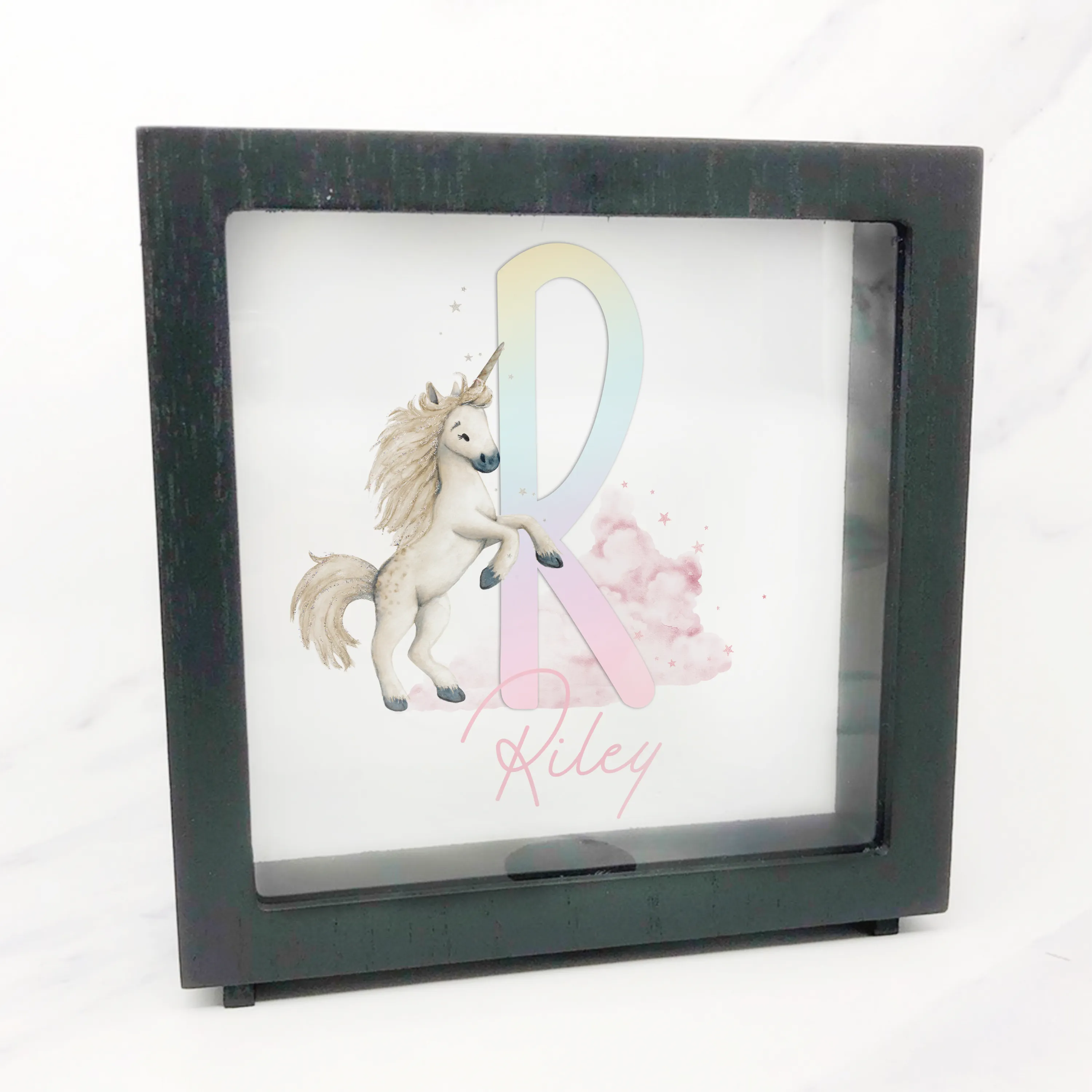 Unicorn Rainbow Alphabet Personalised Money Box Frame