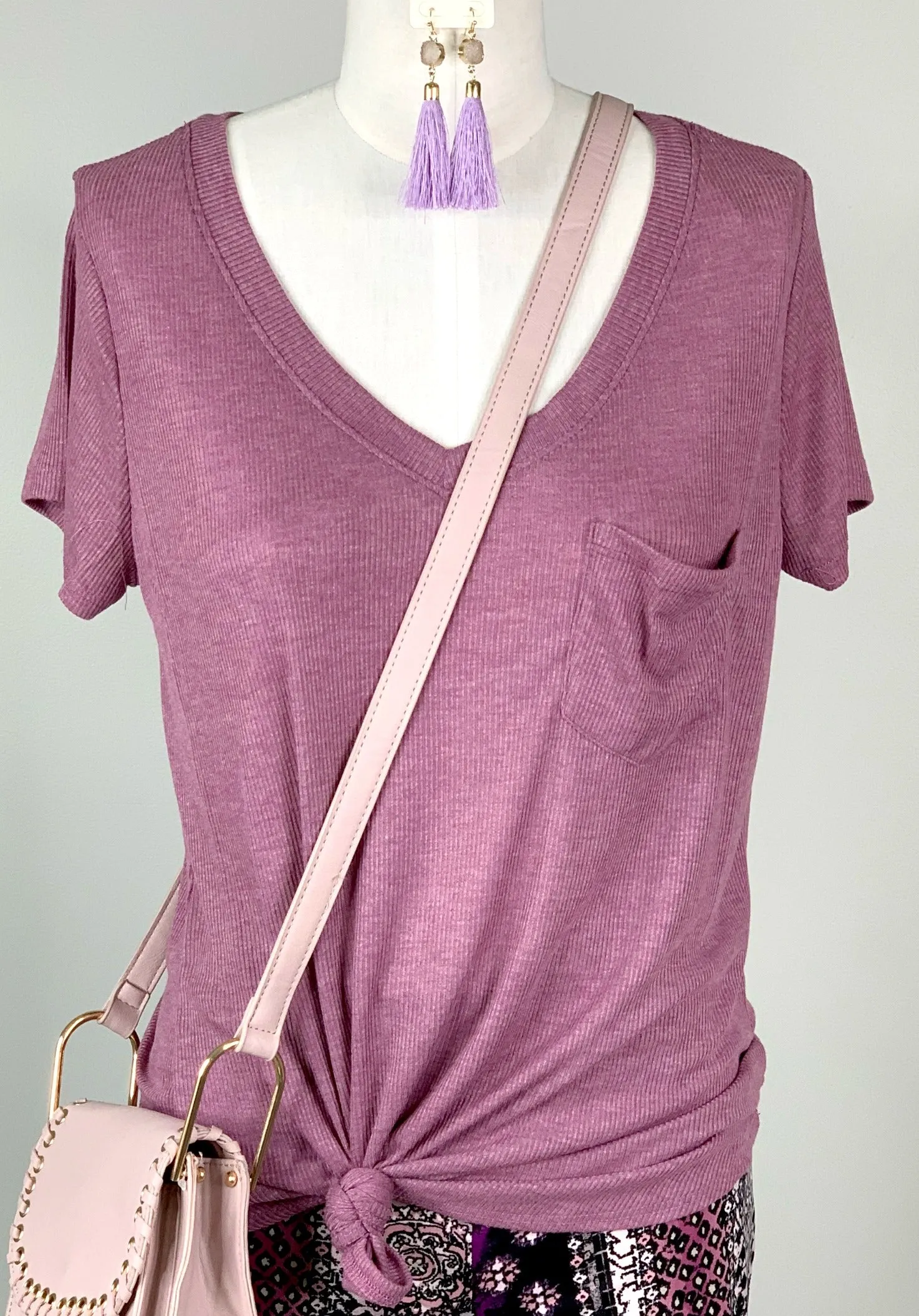 Weekend Vibes Ribbed Pocket Tee - Orchid
